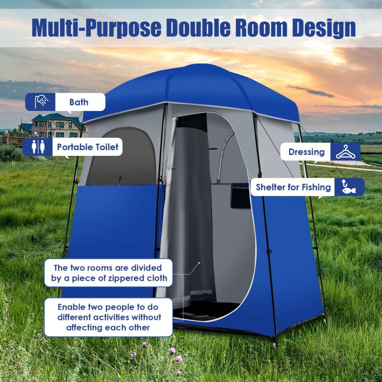 Double-room camping toilet tent in blue, made of waterproof polyester, ideal for bathing or changing outdoors.