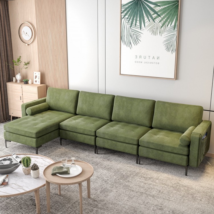 L-shaped modular sectional sofa in army green suede with reversible chaise, USB ports, and soft back cushions for.