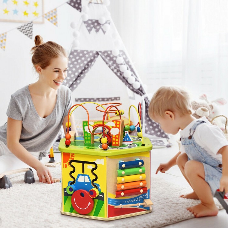 Colorful 7-in-1 wooden activity cube toy with bead maze, xylophone, and shape sorter for early educational fun.