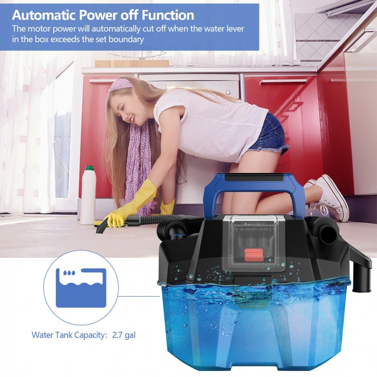Cordless 18V wet-dry vacuum with 2.7-gallon tank, featuring automatic power off and ergonomic handle for easy carrying.