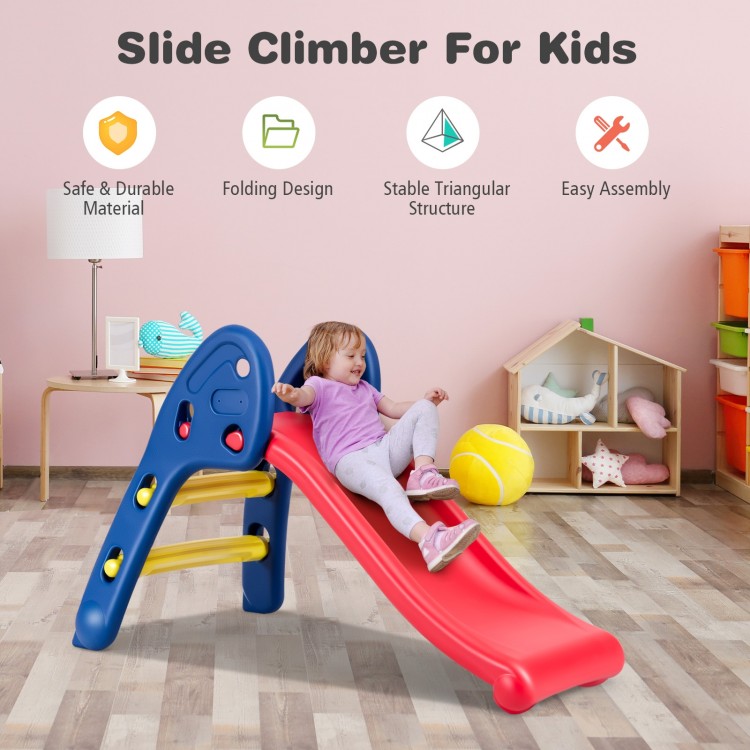 Children's folding plastic slide with easy climb steps, smooth surface, and stable triangular structure for safe play.
