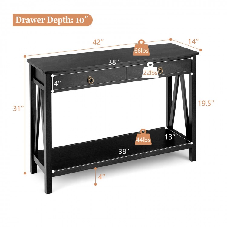 Black console table with 2 drawers and open shelf, made of painted MDF and solid wood, ideal for entryway or living.
