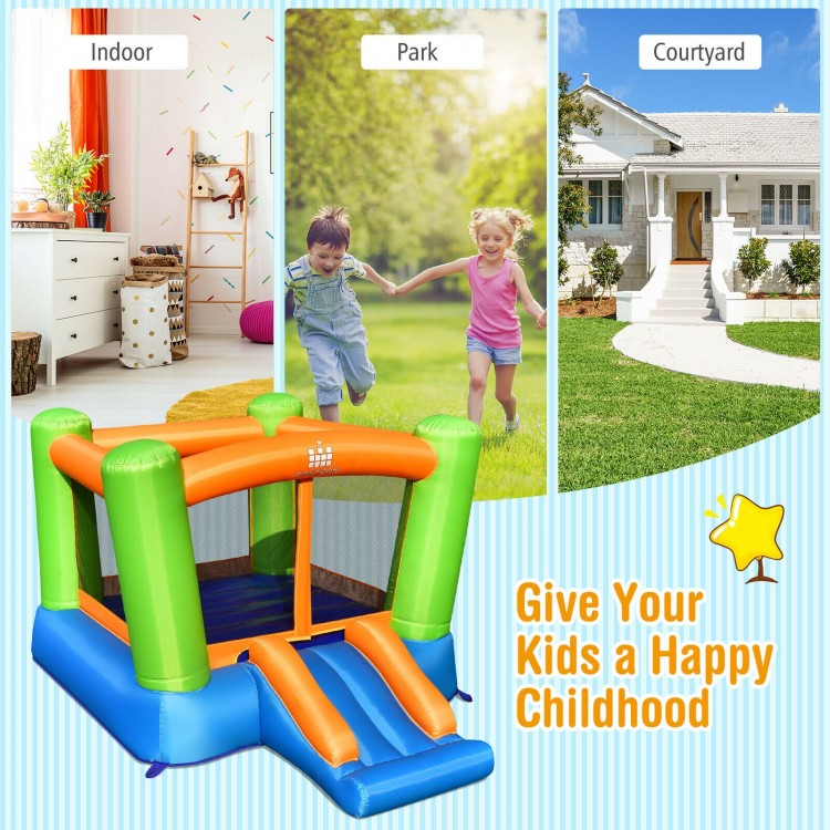 Kids inflatable bounce house with protective mesh walls, featuring vibrant colors and easy setup for indoor and outdoor.