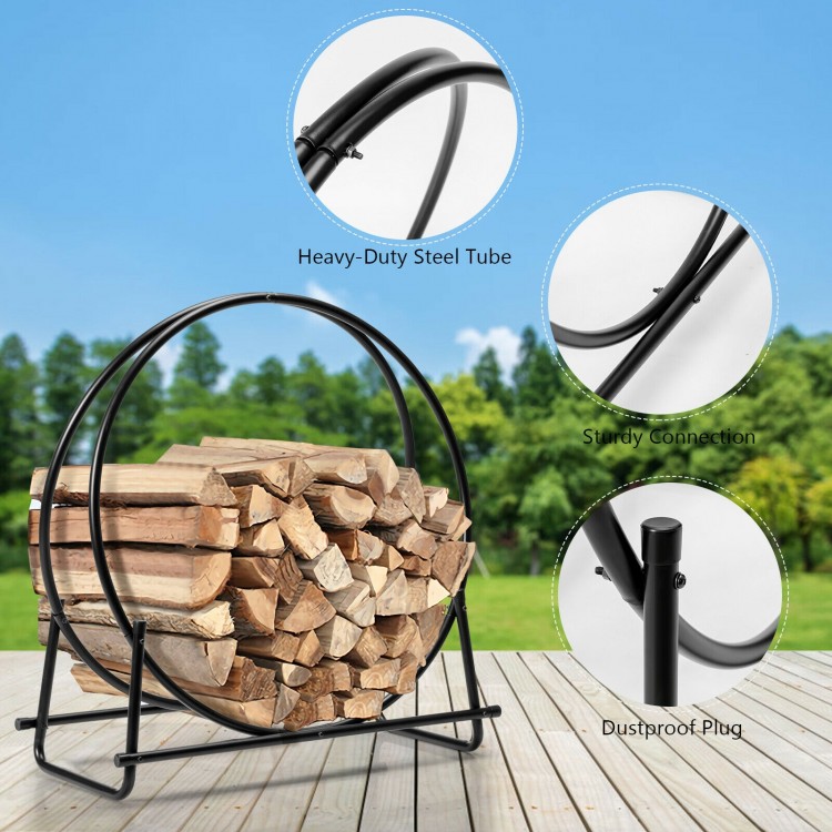 30-inch tubular steel log hoop firewood storage rack with double-ring design, sturdy black powder-coated finish for.