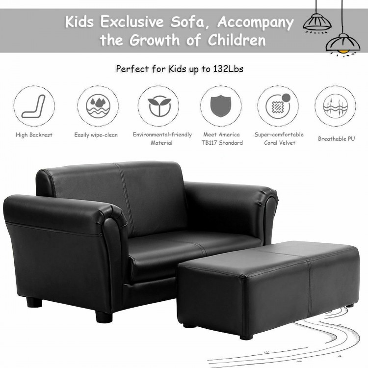 Kids black double sofa with ottoman, made of breathable PU, perfect for reading and watching TV in playrooms.