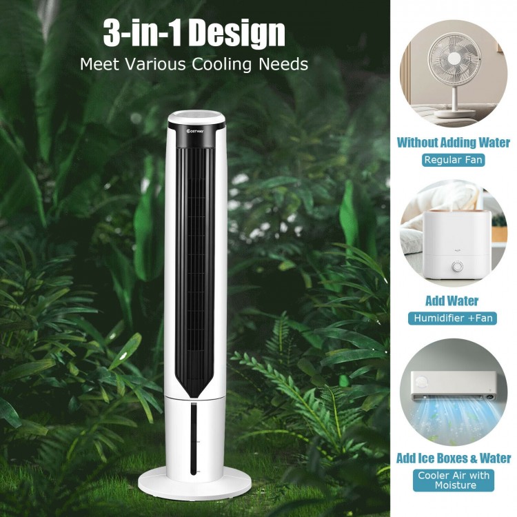 41-inch evaporative air cooler with 3 modes, 3 speeds, and a 0.66-gallon water tank for versatile cooling in any room.