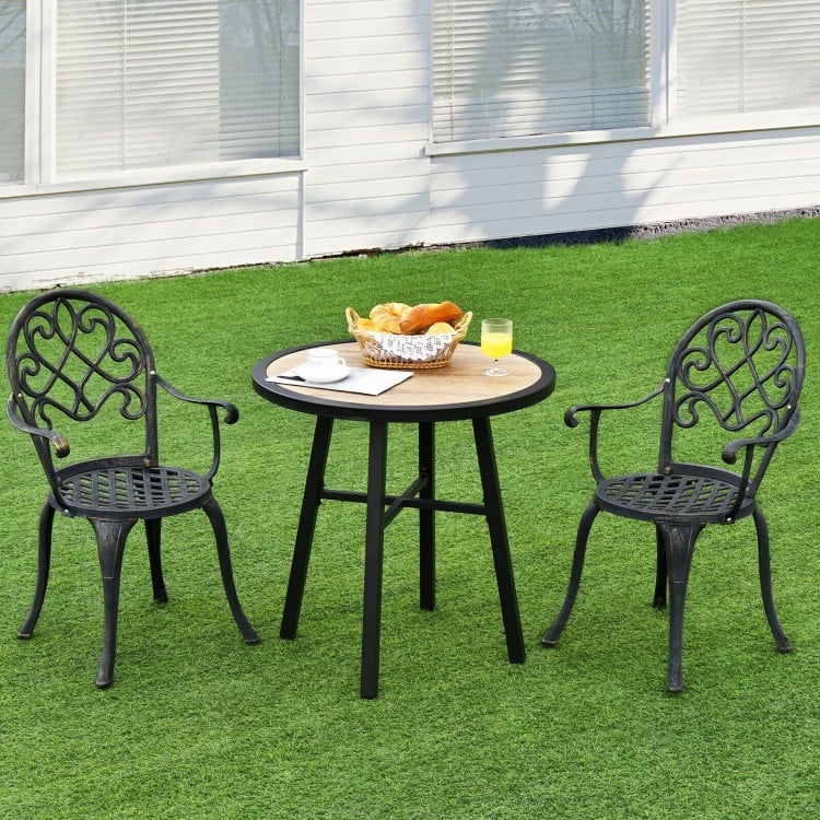 29-inch round patio bistro table with wood-like top, sturdy steel frame, perfect for outdoor dining or garden use.