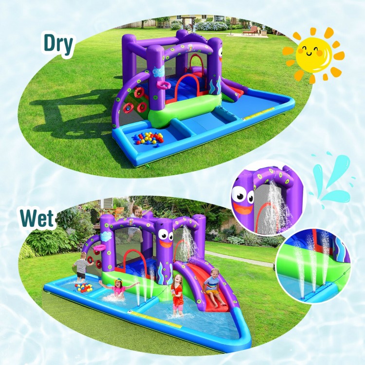 Inflatable water slide park featuring octopus design, splash pool, and multiple activities for kids' outdoor fun.