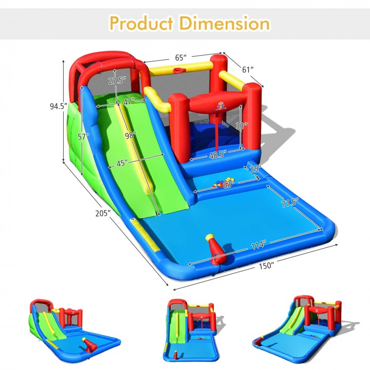 Inflatable water slide with climbing wall, basketball hoop, and splash pool, perfect for kids' summer fun in the.