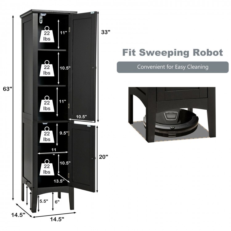Freestanding black bathroom storage cabinet with five layers, raised feet, and compact design for efficient space use.