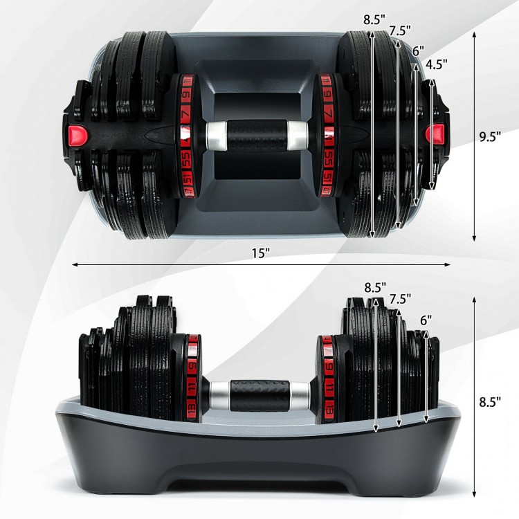 Adjustable 55lbs dumbbell with 18 weight settings and ergonomic handle for versatile strength training at home or gym.