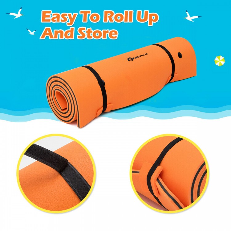 Three-layer orange water floating pad, made of eco-friendly XPE foam, easy to roll up and store for summer fun.