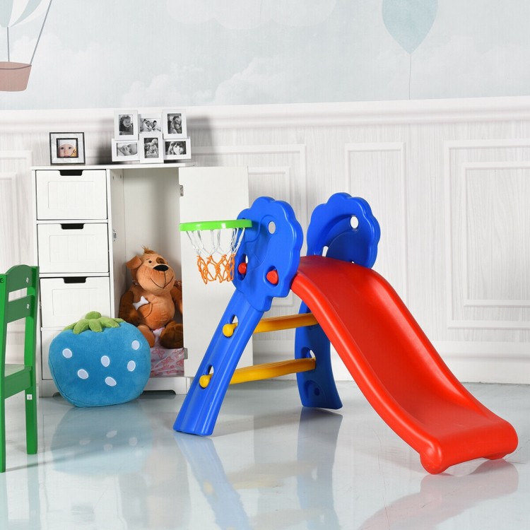 Kids plastic folding slide with basketball hoop, durable HDPE material, safe design, perfect for indoor play.