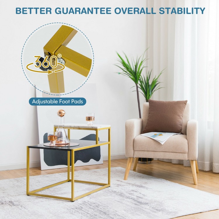 2-tier end side table with metal frame, adjustable foot pads, and elegant marble patterns for versatile living room use.