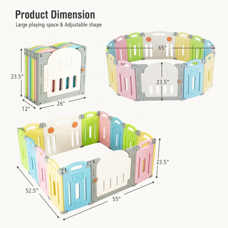 Foldable baby playpen with 14 panels in multicolor, made from safe HDPE, providing a secure play area for infants.