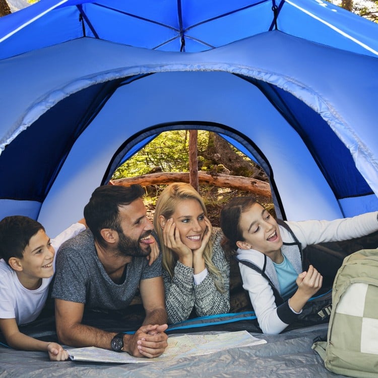 Family enjoying time inside the 2-in-1 4 Person Instant Pop-up Waterproof Camping Tent in blue, perfect for outdoor.