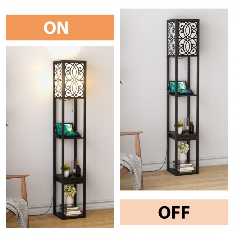 Modern standing shelf lamp with intricate design, featuring 3 open shelves, 1 power outlet, and 2 USB ports for.