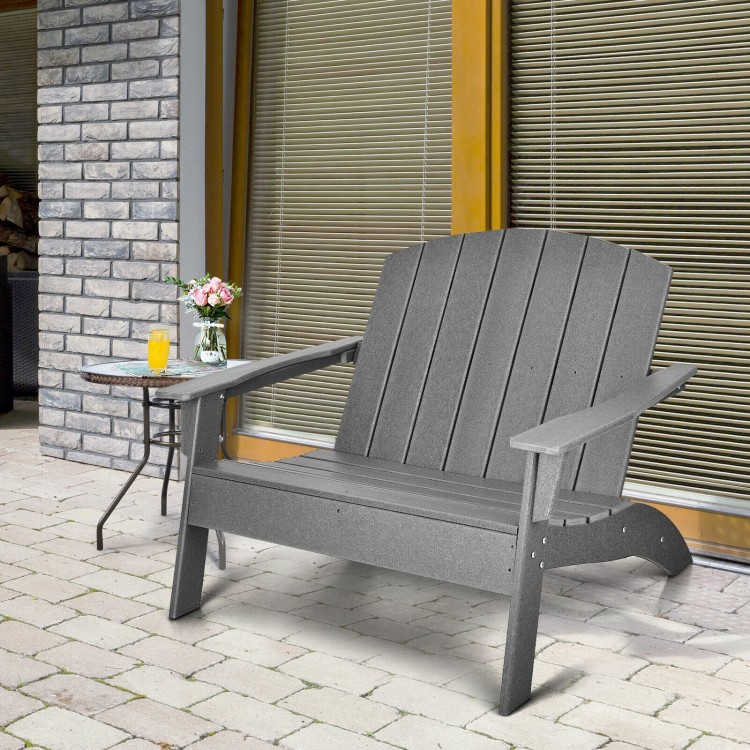 Gray HDPE patio Adirondack chair with wide armrests, perfect for outdoor relaxation on the porch or backyard.