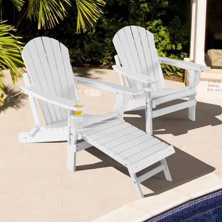 White folding Adirondack chair with pull-out ottoman, made of HDPE, perfect for poolside relaxation.