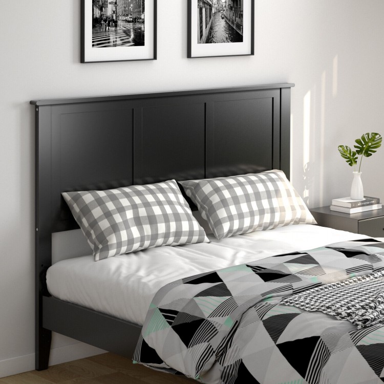 Black flat panel headboard made of sturdy pine wood and plywood, adjustable height for standard full size bed frames.