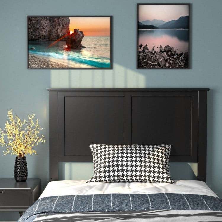 Solid wood flat panel headboard in black for twin-size bed, featuring sleek lines and adjustable height for modern.