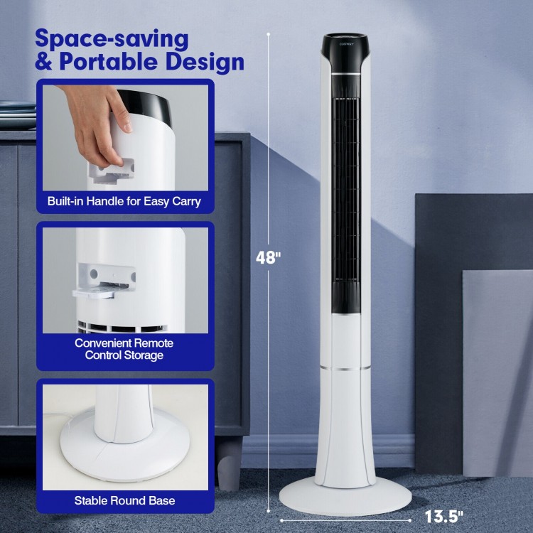 Portable 48-inch tower fan in white with remote control, featuring a space-saving design and 80° oscillation for.