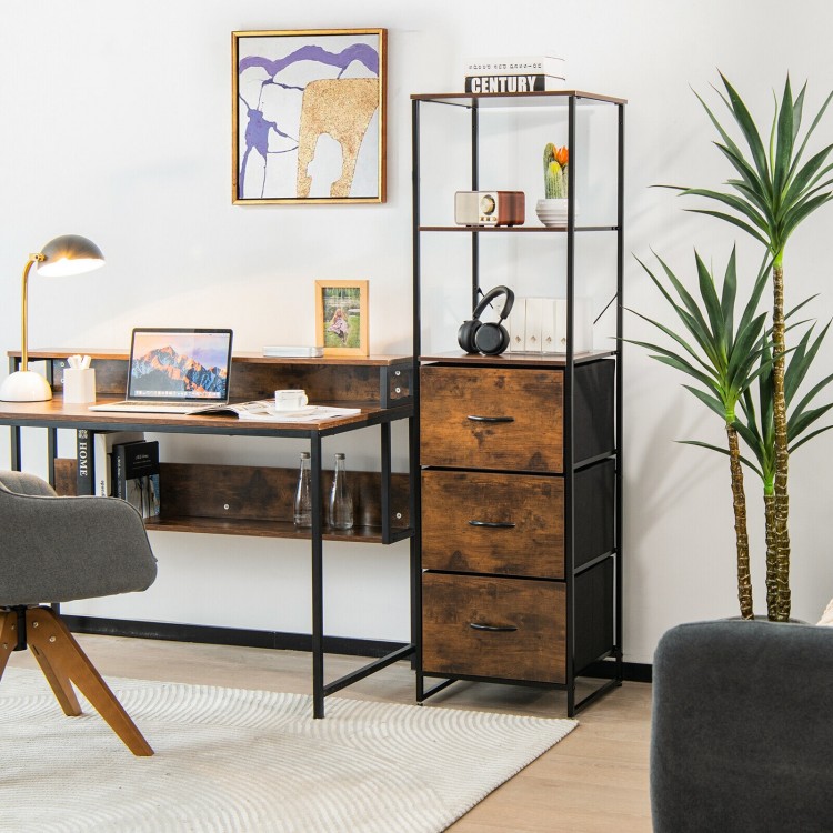 Freestanding vertical 3-drawer dresser in rustic brown with 3 open shelves, ideal for living room or study storage.