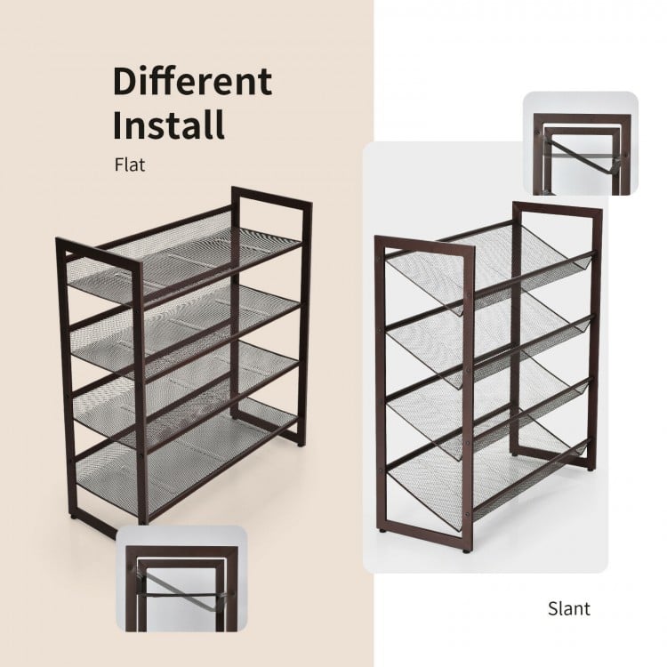 4-tier metal shoe rack with flat and slant installation options, suitable for entryway storage of up to 16 pairs of.