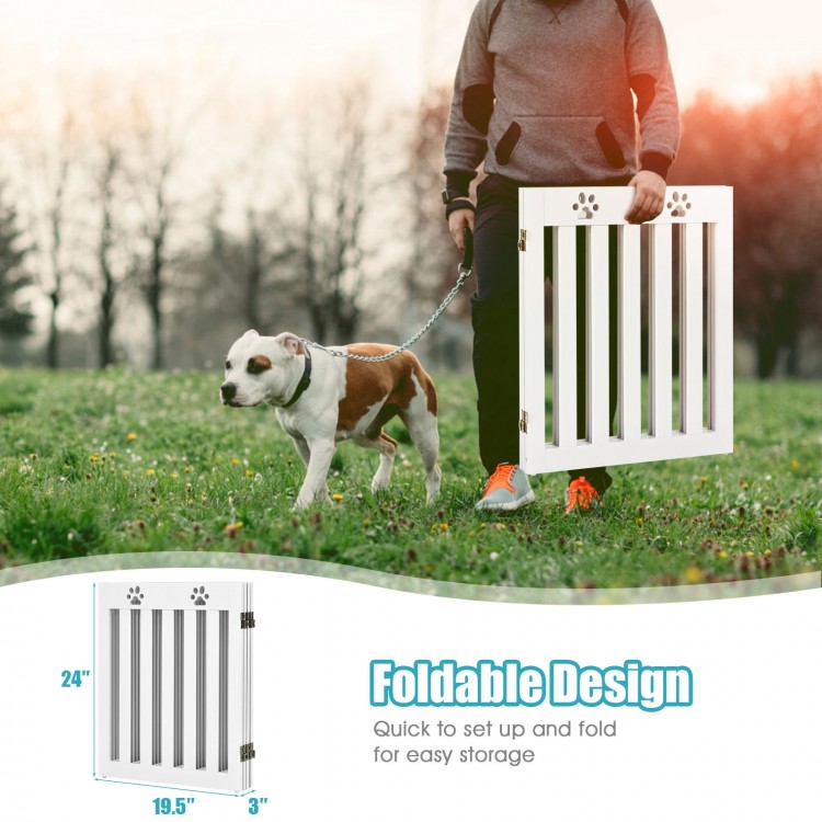 24-inch folding wooden dog gate in white, featuring a freestanding design and 360° flexible hinge for versatile.