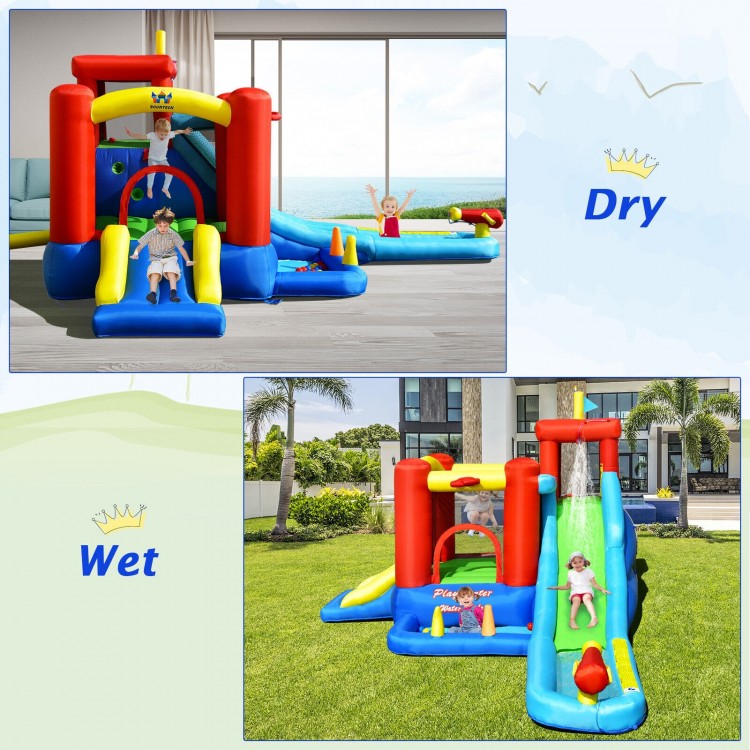 9-in-1 inflatable kids water slide bounce house with slide, splash pool, and ball pit for outdoor summer fun.