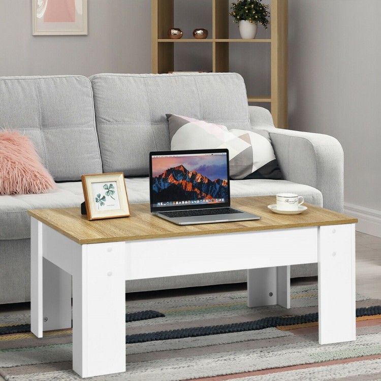 Lift top coffee table in white with a wooden surface, ideal for working from the couch and storing essentials.