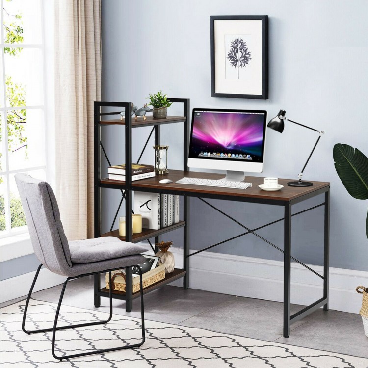 Compact 47.5-inch writing desk with 4-tier shelves, adjustable legs, and X-shape frame for stability, ideal for home.