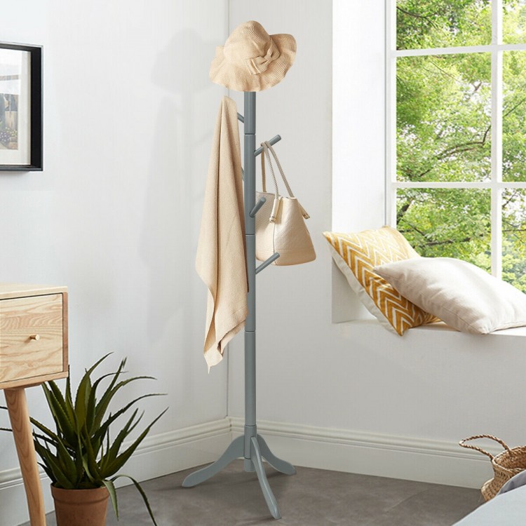 Gray adjustable wooden coat rack with 8 hooks and tri-legged base, designed for easy organization in entryways or.