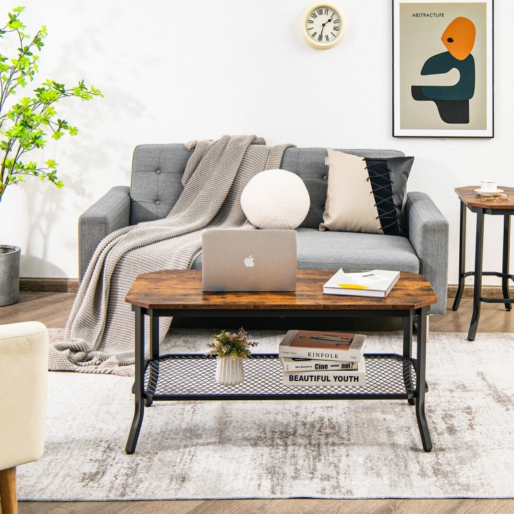 Rustic brown 2-tier coffee table with octagonal top and sturdy steel frame, perfect for stylish living room.
