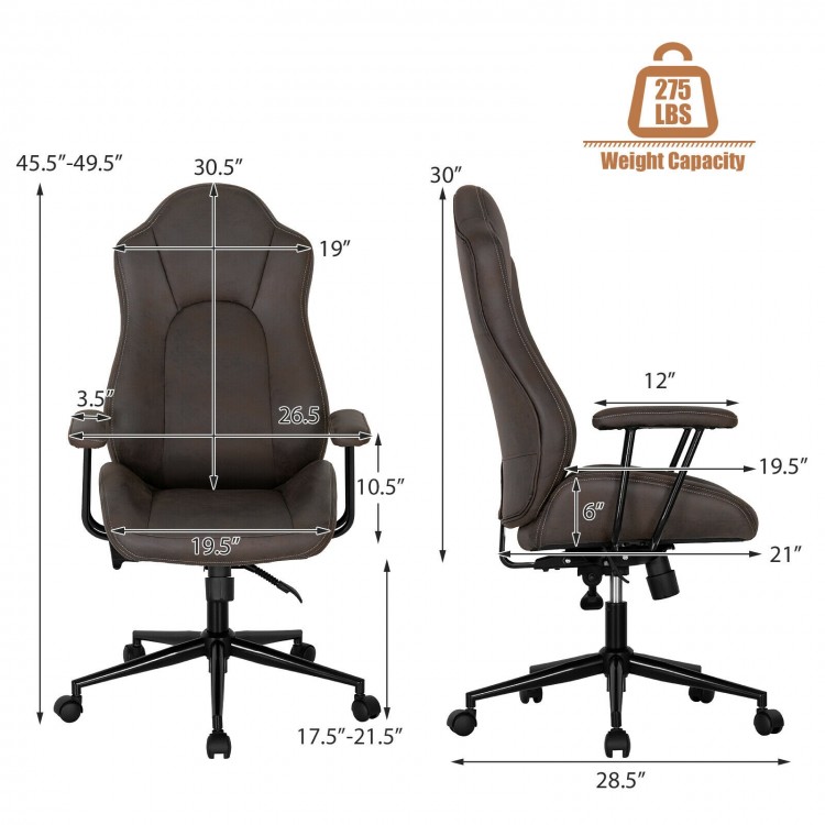 High adjustable back executive office chair in brown with ergonomic design, armrests, and 275 lbs weight capacity.