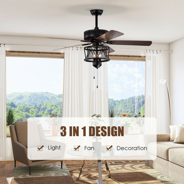 50-inch black ceiling fan with lights, reversible blades, and pull chain control, ideal for living rooms and bedrooms.