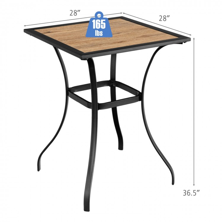 Patio square bar table with wood-like top, sturdy steel frame, 36.5" height, ideal for indoor and outdoor use.