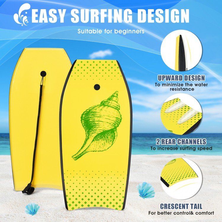 Super lightweight bodyboard in bright yellow with crescent tail, designed for beginners and easy wave riding.