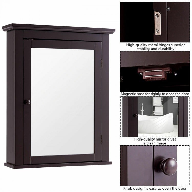 Wall-mounted brown mirror medicine cabinet with 2-tier storage, magnetic lock, and durable MDF construction for.