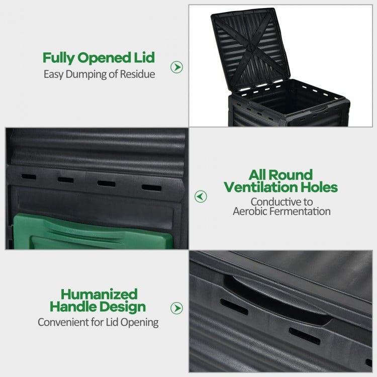 80-gallon outdoor composter with large openable lid, bottom exit door, and ventilation holes for efficient composting.