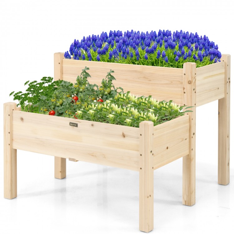 Two-tier wooden elevated planter box made of fir wood, featuring drainage holes, ideal for flowers and vegetables.