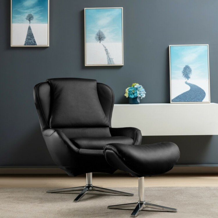 Black 360° swivel leather lounge chair with ottoman, featuring a sturdy aluminum base for versatile living space decor.