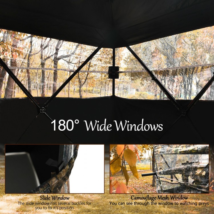 Close-up of the 3 Person Portable Surround View Tent featuring slide mesh windows for enhanced visibility while hunting.