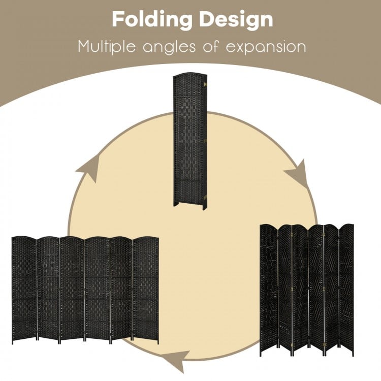 6-panel black weave folding room divider screen showcasing multiple angles of expansion for versatile privacy solutions.