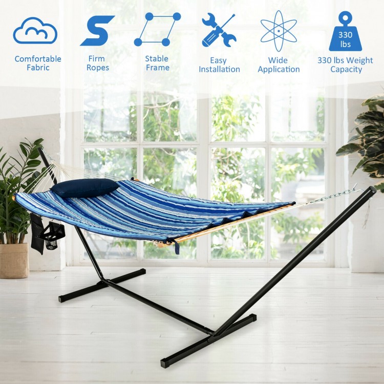 Hammock chair stand set with blue striped cotton fabric, stable steel frame, and pillow, perfect for indoor or outdoor.