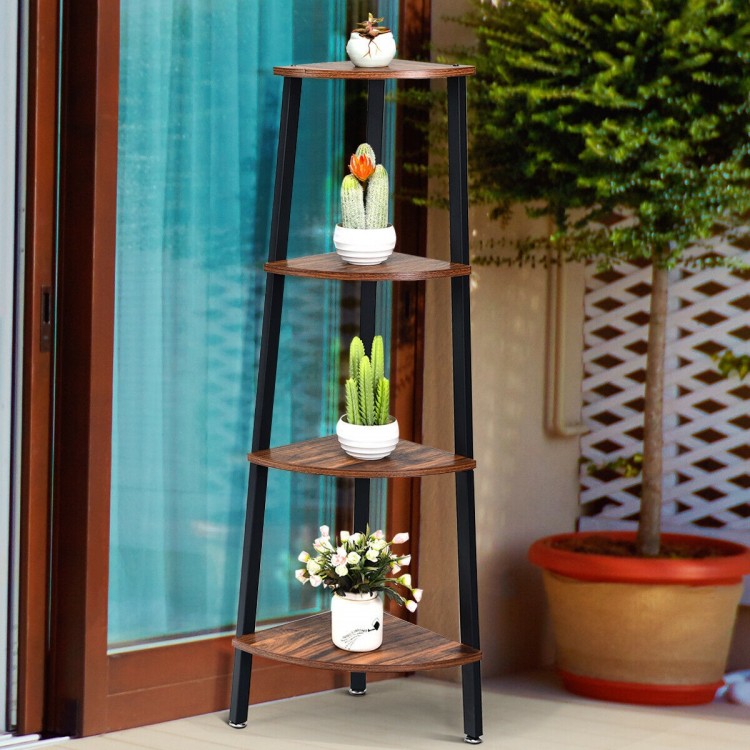 4-tier corner shelf in brown with metal frame, ideal for books and plants, perfect for compact spaces like living rooms.