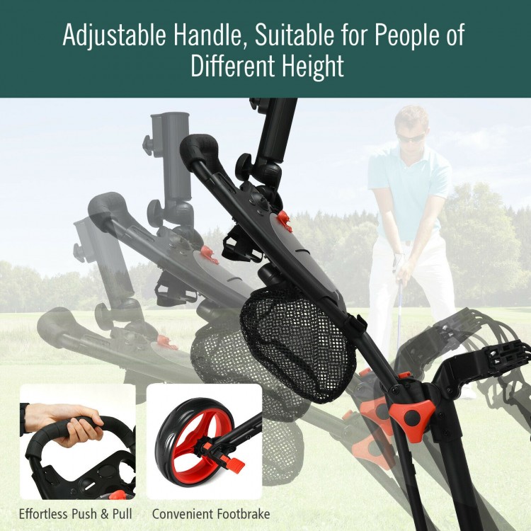 Folding golf push cart with adjustable handle, lightweight aluminum frame, and large wheels for easy maneuverability.