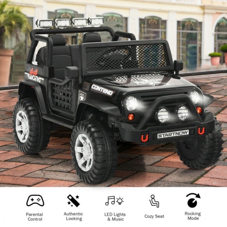 Kids electric ride-on truck in black with remote control, LED lights, and spacious seat for safe outdoor fun.