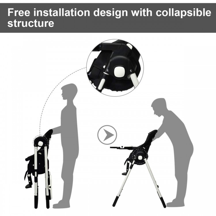 Foldable high chair in black with adjustable backrest, showcasing its collapsible design for easy storage and mobility.