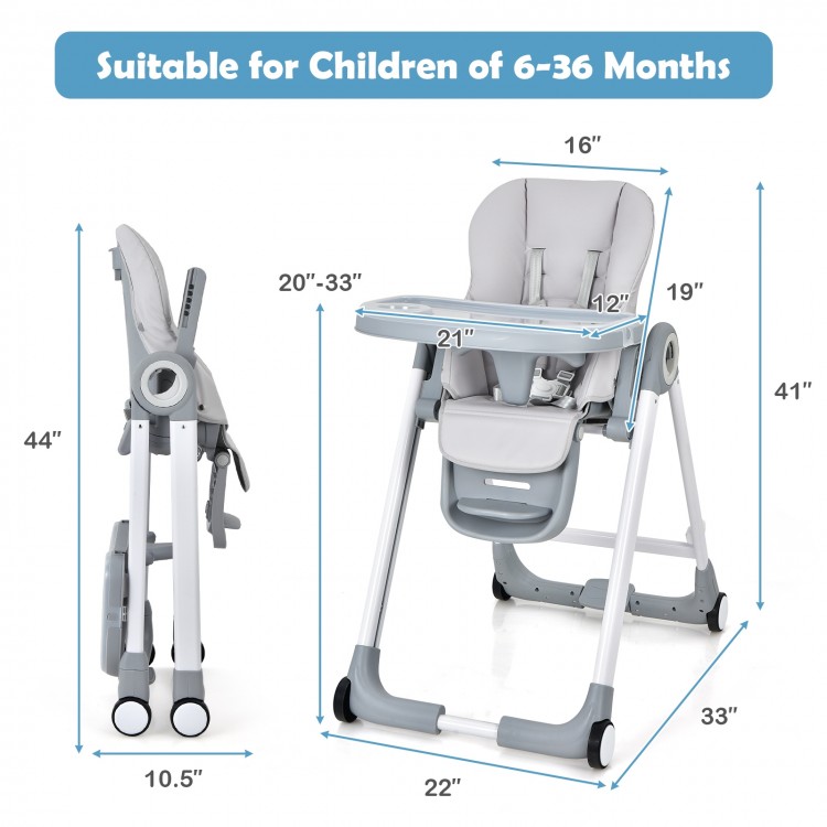 Baby folding convertible high chair in gray with adjustable height, detachable trays, and smooth rolling wheels for.
